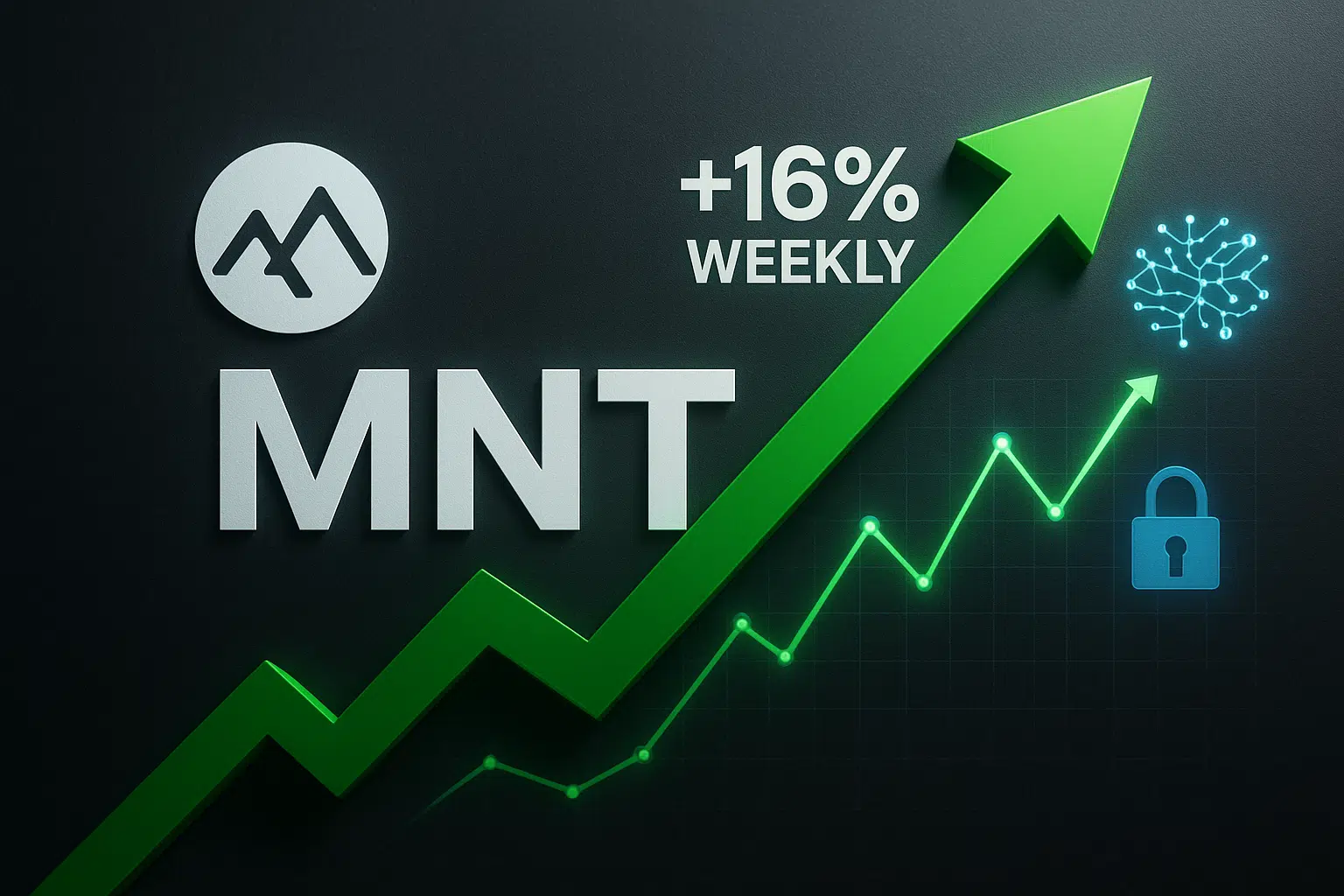Dark background featuring the Mantle (MNT) logo and “+16% Weekly” text, with a bold green arrow rising, a jagged upward line chart, a network node icon and a padlock symbol.