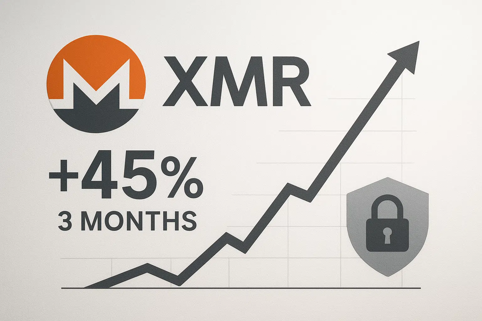 Monero logo and “XMR +45% 3 months” text beside an upward-trending zigzag arrow chart and a padlock shield icon on a light background