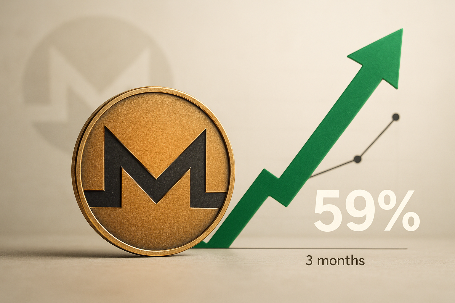 Gold Monero coin beside a green upward arrow labeled “59%” and “3 months” illustrating a 59% surge over three months.
