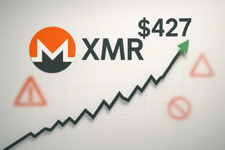 Monero (XMR) logo beside the price $427 with an upward-pointing arrow chart and faint warning triangles, illustrating its rise to multi-month highs despite regulatory headwinds.