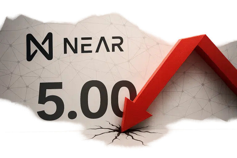 NEAR Protocol logo above the price “5.00” with a bold red arrow plunging down into a cracked surface, illustrating a sharp decline.
