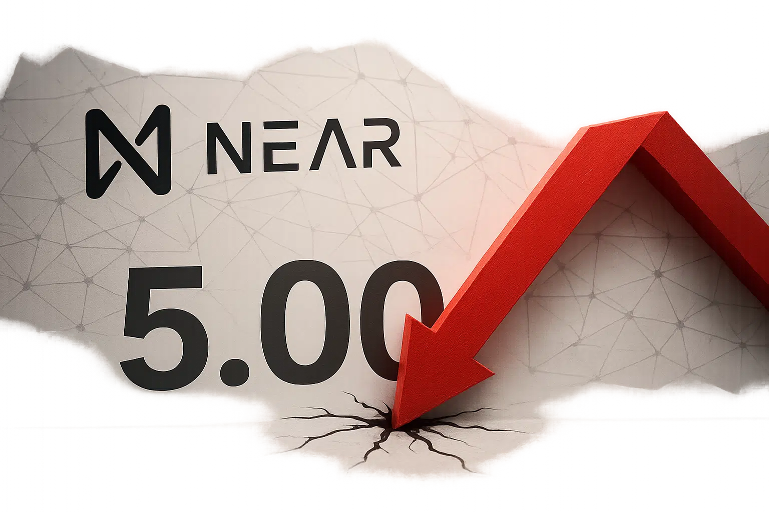 NEAR Protocol logo above the price “5.00” with a bold red arrow plunging down into a cracked surface, illustrating a sharp decline.