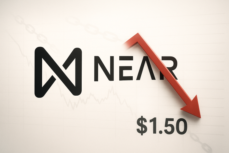 NEAR Protocol logo alongside a bold red downward arrow pointing to “$1.50” over a faint background of chain links and a falling price chart.