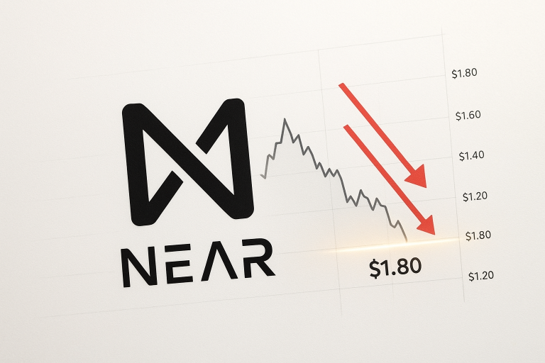 NEAR Protocol logo beside a price chart tracing a peak and subsequent decline toward the $1.80 support level, emphasized by bold red downward arrows signaling bearish momentum.