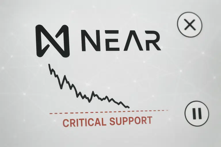 NEAR Protocol logo above a steeply declining price chart nearing a red dashed “CRITICAL SUPPORT” line, flanked by cancel (X) and pause icons.