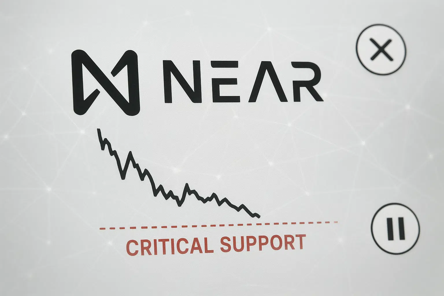 NEAR Protocol logo above a steeply declining price chart nearing a red dashed “CRITICAL SUPPORT” line, flanked by cancel (X) and pause icons.
