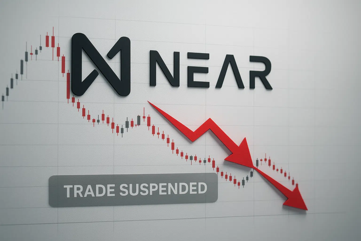 NEAR Protocol logo above a red and gray candlestick chart plunging to multi-month lows, overlaid with two large red downward arrows and a “TRADE SUSPENDED” banner.