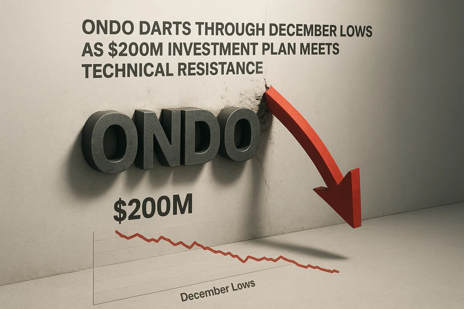 3D metallic letters ONDO on a wall cracked by a plunging red arrow, with $200M annotation and a downward-trending “December Lows” line chart