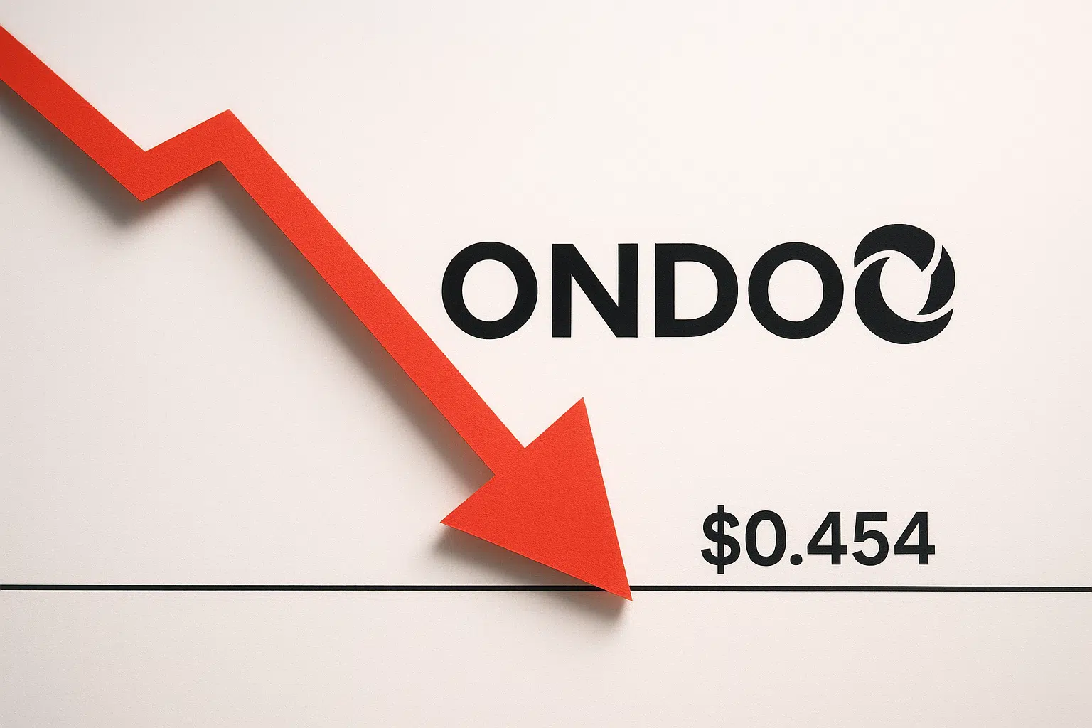 ONDO logo with a red jagged arrow plunging to the $0.454 support level