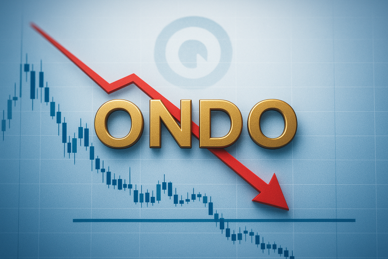 Gold ONDO lettering superimposed on a blue candlestick chart sloping downward, with a red arrow pointing toward a horizontal support line near the bottom.