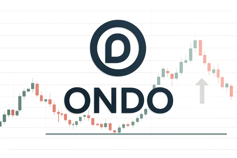 Ondo logo centered over red and green candlestick chart testing a support zone as tokenized stock platform launch looms