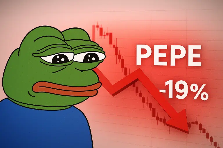 Cartoon Pepe the Frog with a dejected expression against a red background displaying a plunging candlestick chart and a bold red arrow pointing down beside the text “PEPE -19%”