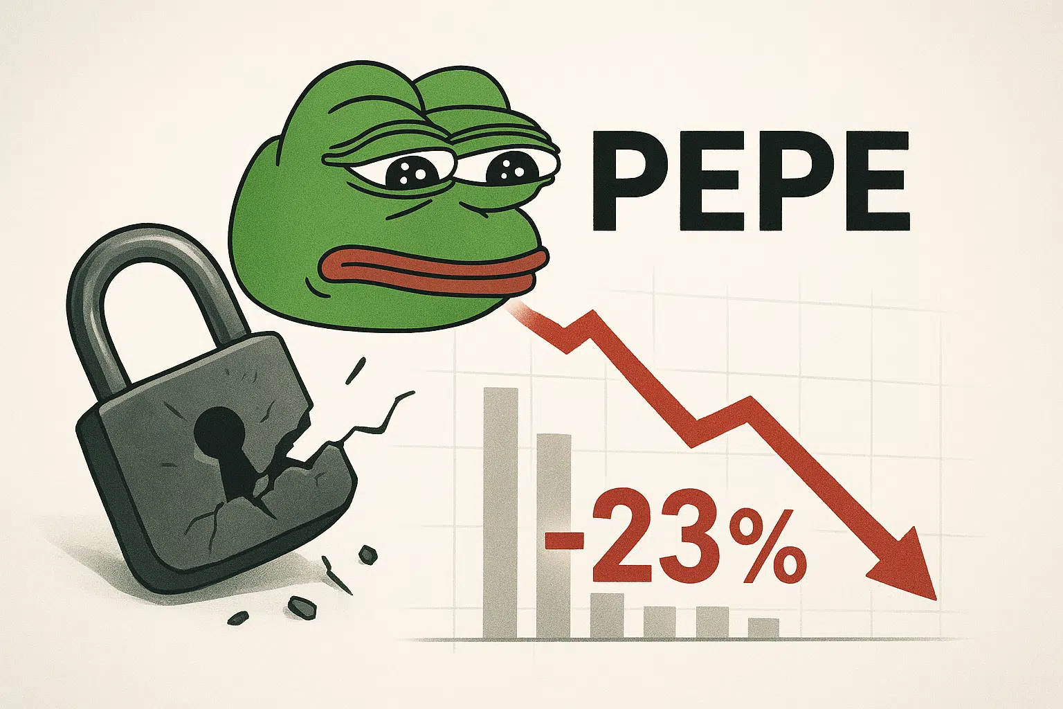 Cracked padlock beside a dejected Pepe frog head, with a red downward arrow showing “-23%” over a shrinking bar chart and the word PEPE prominently displayed