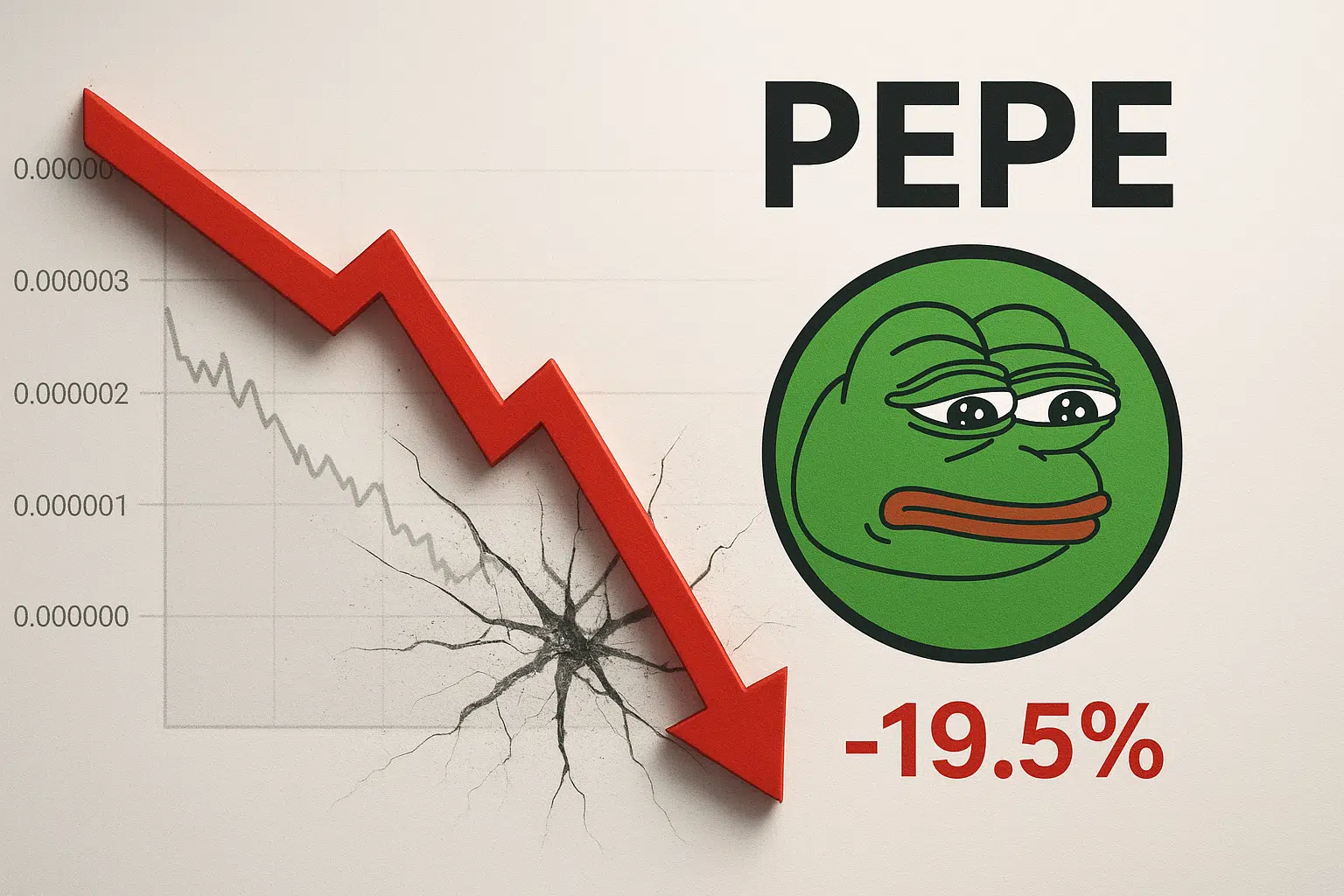 Illustration of a red, jagged arrow crashing downward through a cracked financial chart, alongside a sad green Pepe frog icon and the text “PEPE -19.5%”.