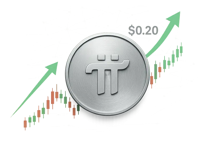 Silver Pi Network coin in front of a rising green candlestick chart and bold upward arrow passing a $0.20 price marker, symbolizing the token’s surge amid KYC-driven volatility.