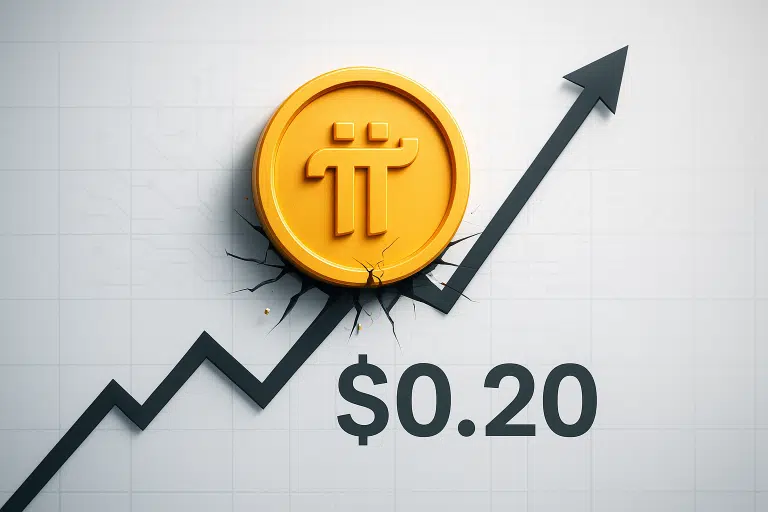 Golden Pi Network coin shattering through an upward-trending black arrow on a grid chart with “$0.20” displayed, symbolizing Pi’s price breakout and renewed AI-powered KYC interest