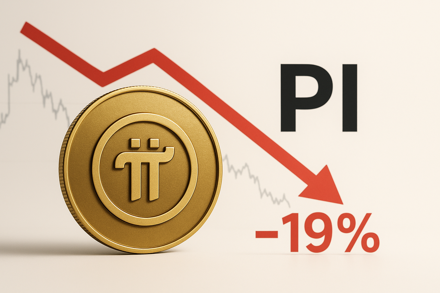 Gold Pi Network token beside a red downward arrow and “-19%” text, set against a faint declining price chart background.