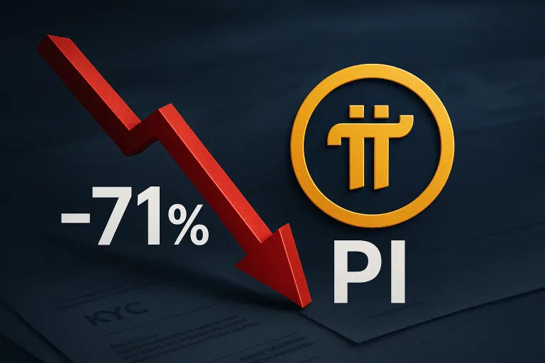 Golden Pi Network logo beside a bold red downward arrow pointing to “-71%” over a shadowy backdrop of KYC documents.