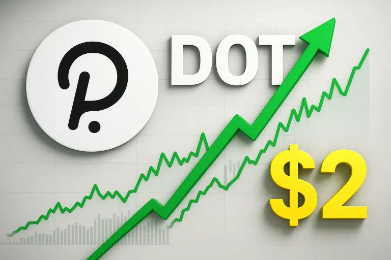 Polkadot logo next to a bold green arrow climbing over a rising price chart, with a large yellow “$2” highlighting the token’s recovery.