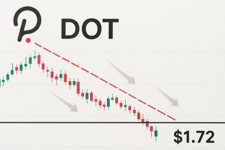 Polkadot logo and “DOT” label above a downward-sloping candlestick chart of red and green bars, a dashed red trendline and grey arrows pointing down toward a horizontal support line marked $1.72.