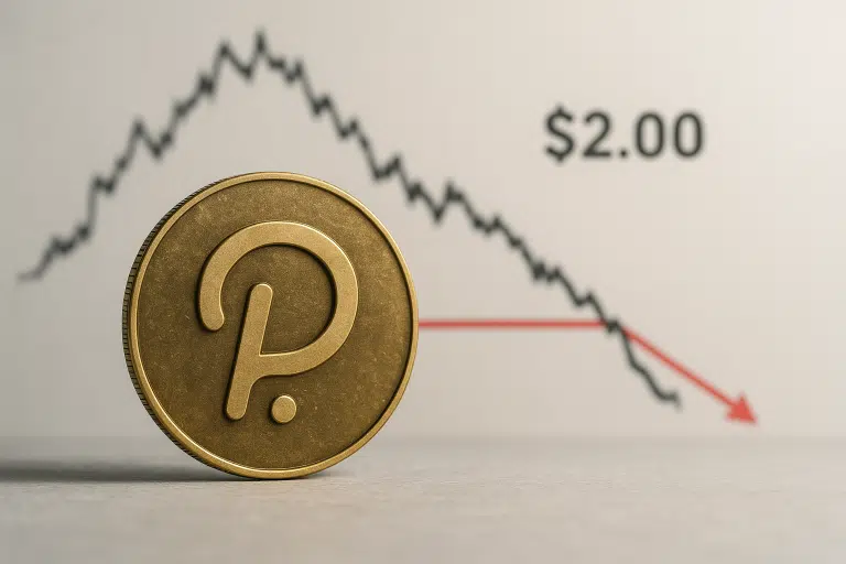 Polkadot cryptocurrency coin in foreground against a jagged price chart peaking then falling past a red $2.00 support line with a downward arrow behind it