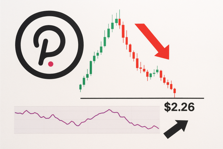Polkadot logo beside a candlestick chart showing a steep rise followed by a drop to a $2.26 support line marked by a red downward arrow, with a purple RSI line chart below dipping into oversold territory and a black arrow pointing upward.