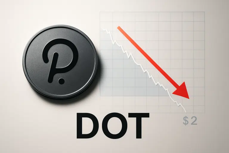 Stylized Polkadot (DOT) coin beside a grid price chart with a bold red arrow plunging toward the $2 mark, illustrating DOT testing critical support as ETF inclusion fails to spark recovery.