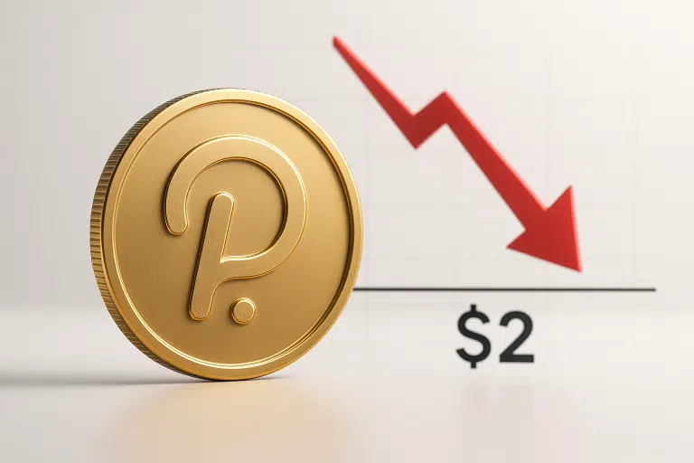 Gold Polkadot cryptocurrency coin in the foreground with a red zigzag downward arrow pointing to a horizontal $2 support line on a light background.