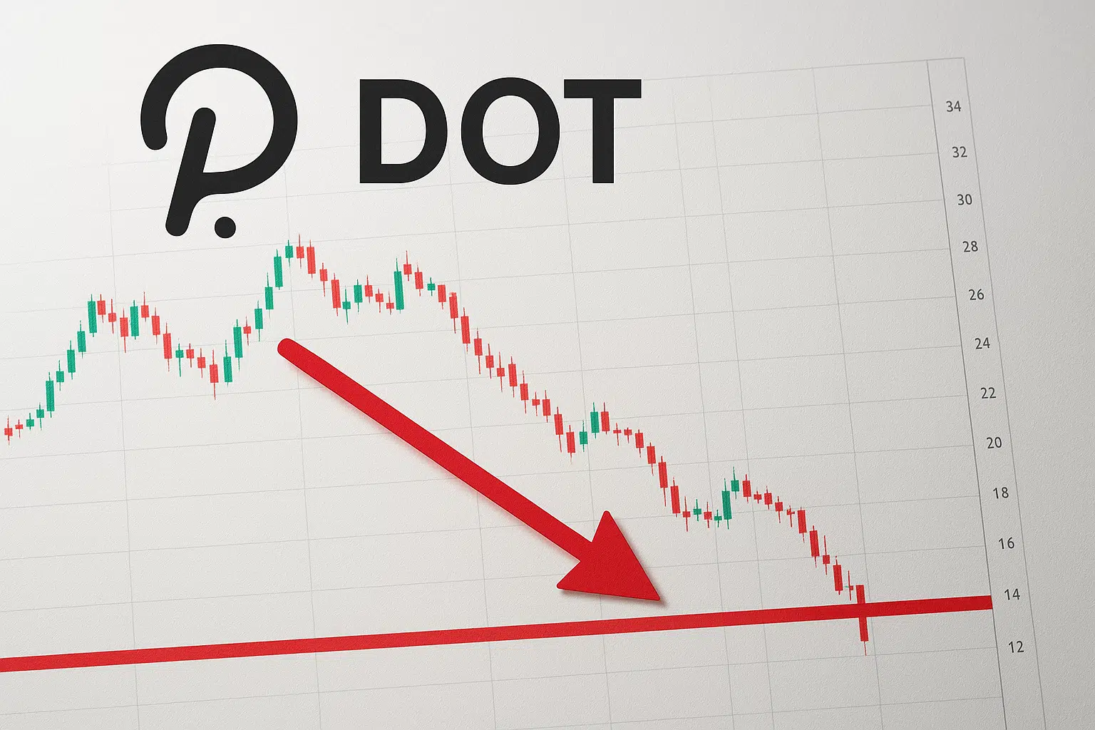 Polkadot (DOT) logo and name above a candlestick chart showing a steady downtrend, a red horizontal support line around $14, and a bold red arrow pointing to a breakdown below support.