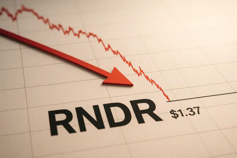 Chart of RNDR token price showing a steep red decline with a bold red arrow pointing to critical $1.37 support level after an 84% annual drop.