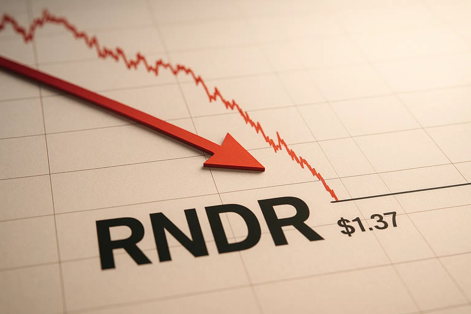 Chart of RNDR token price showing a steep red decline with a bold red arrow pointing to critical $1.37 support level after an 84% annual drop.