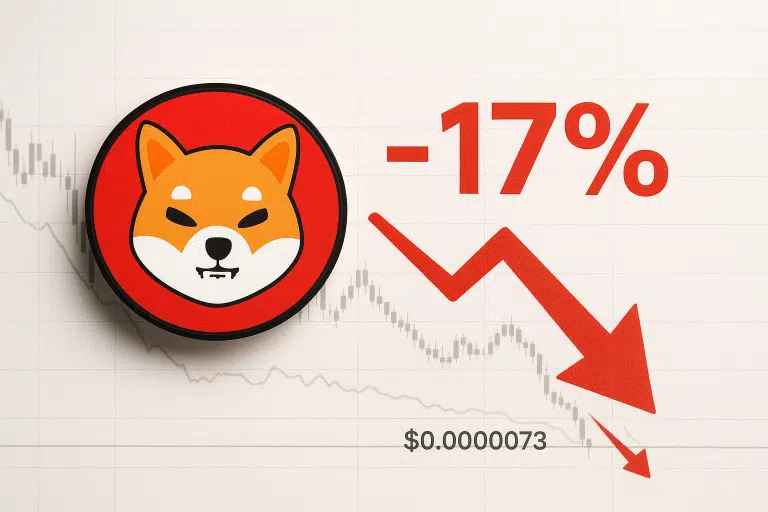 Shiba Inu token logo beside bold red –17% and downward arrows over a price chart plunging to $0.0000073