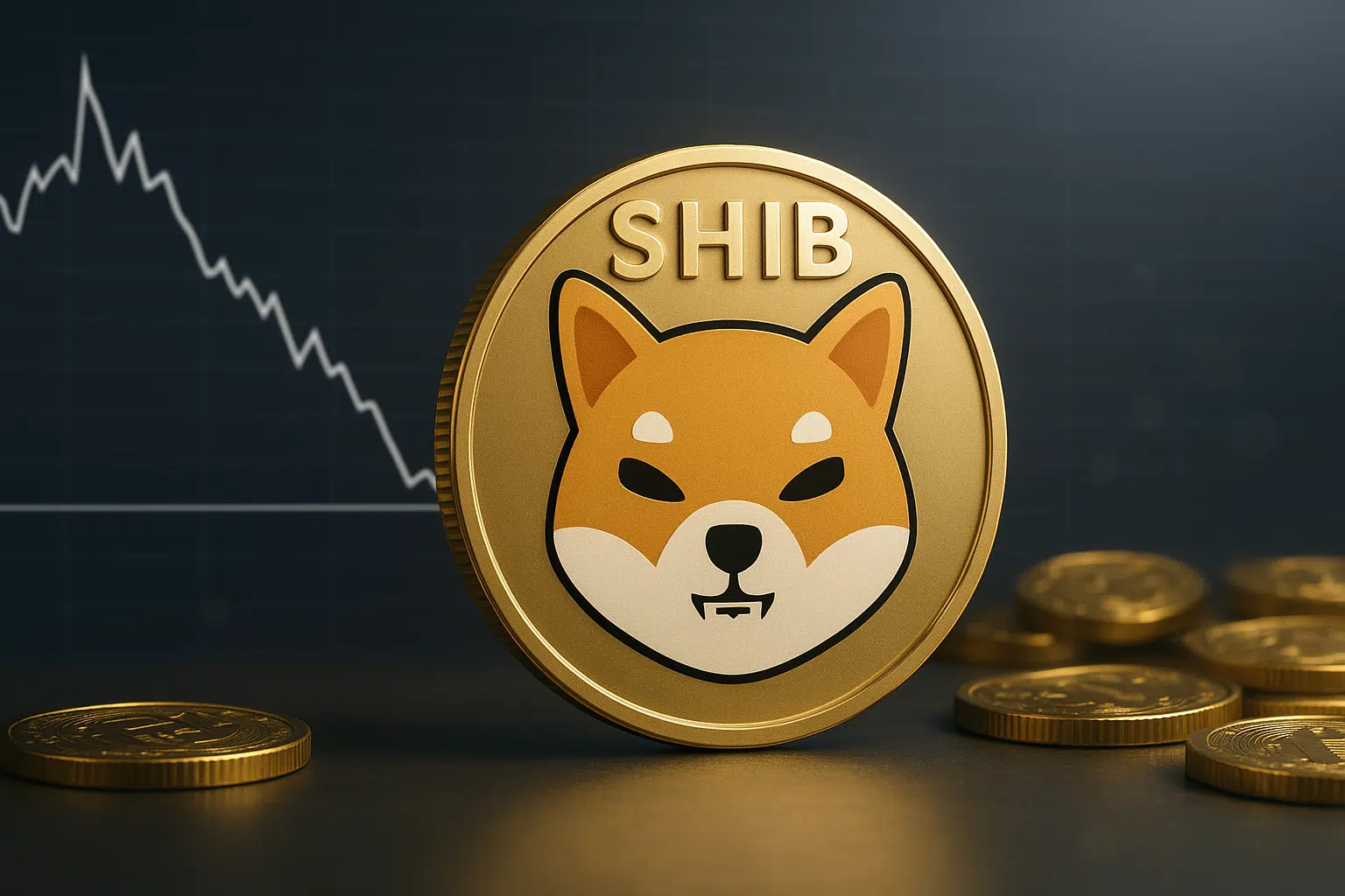 Golden Shiba Inu cryptocurrency coin bearing the SHIB logo and dog emblem in front of scattered coins and a descending price chart