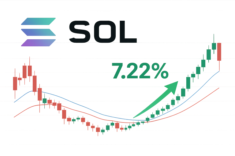 Chart of Solana (SOL) candlestick price action with red and blue EMA lines, a green upward arrow and “7.22%” text marking the weekly gain, illustrating SOL’s recovery after a steep December drop.