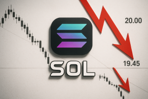 Solana (SOL) logo centered over a downward-sloping candlestick chart with red arrows pointing from 20.00 to 19.45, illustrating a price decline.