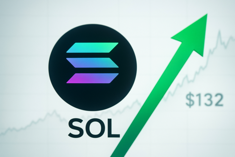 Solana (SOL) logo displayed over a price chart background with a bold green arrow pointing upward and “$132” indicating a sharp price surge.