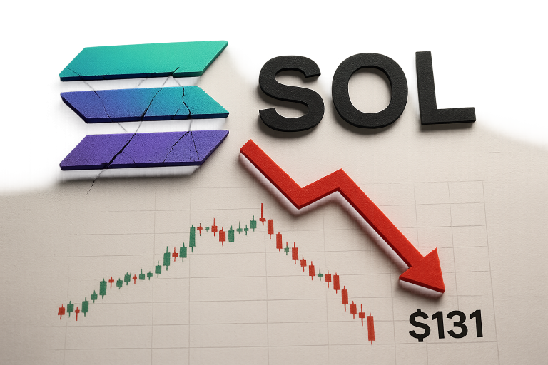 Graphic of the Solana logo and “SOL” text above a candlestick price chart shifting from green gains to steep red losses, with a bold red downward arrow pointing to “$131” to illustrate a sharp price plunge.