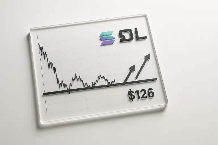 Stylized glass chart panel displaying the Solana logo and ticker “SOL,” a jagged price line plunging and flattening at a thick support level marked $126, with two bold upward arrows signaling a potential rebound.