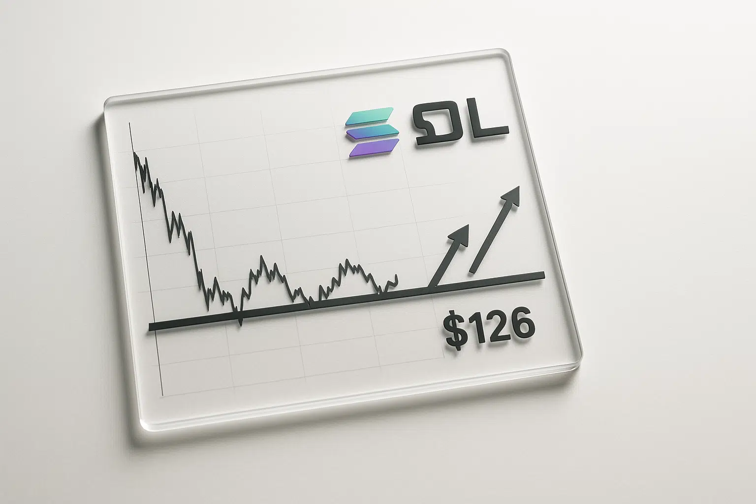 Stylized glass chart panel displaying the Solana logo and ticker “SOL,” a jagged price line plunging and flattening at a thick support level marked $126, with two bold upward arrows signaling a potential rebound.