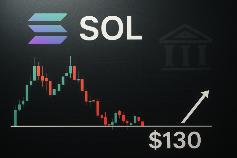 Solana logo and “SOL” text above a red and green candlestick chart approaching a white $130 support line, with an upward arrow and a faint bank building icon in the background.