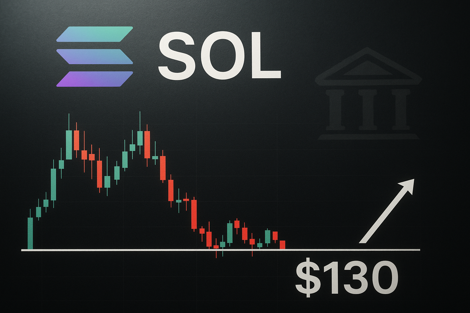 Solana logo and “SOL” text above a red and green candlestick chart approaching a white $130 support line, with an upward arrow and a faint bank building icon in the background.