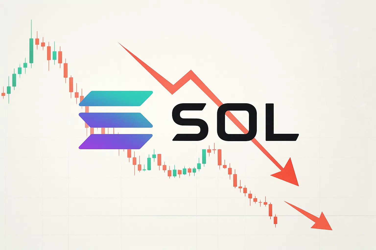 Solana logo superimposed on a bearish candlestick chart with red downward arrows, illustrating a 7% weekly drop and testing of critical support levels
