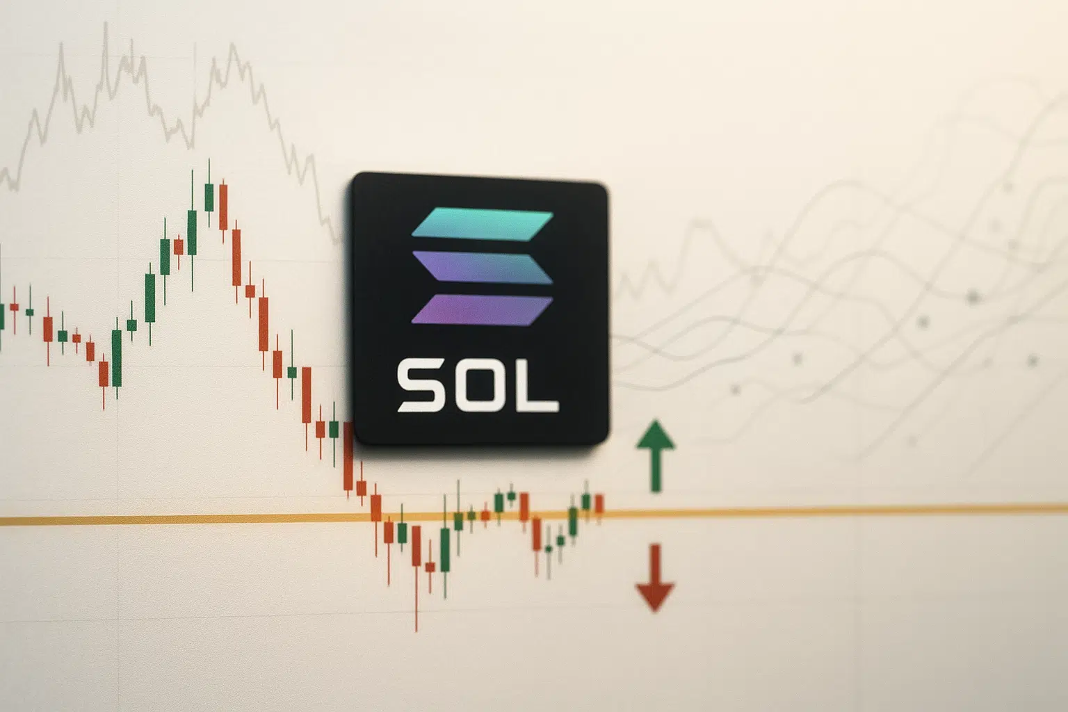 Solana (SOL) logo superimposed on a candlestick price chart testing a key horizontal support level, with green up arrow and red down arrow indicating potential breakout or breakdown.