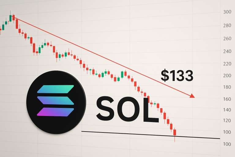 Solana (SOL) price chart showing a steep December decline with red candlesticks breaking down to test support at $133 under a downward trend line, overlaid with the SOL logo.