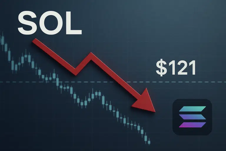 Downward red arrow over a falling candlestick chart labeled “SOL,” showing a $121 price and the Solana logo to illustrate Solana’s price tumble.
