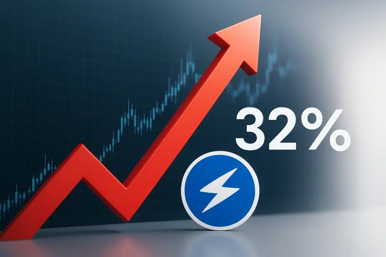 Bold red arrow rising over a stock chart background with a blue lightning bolt icon and large white “32%,” symbolizing Sonic’s 32% rebound from monthly lows under the new CEO’s strategy.