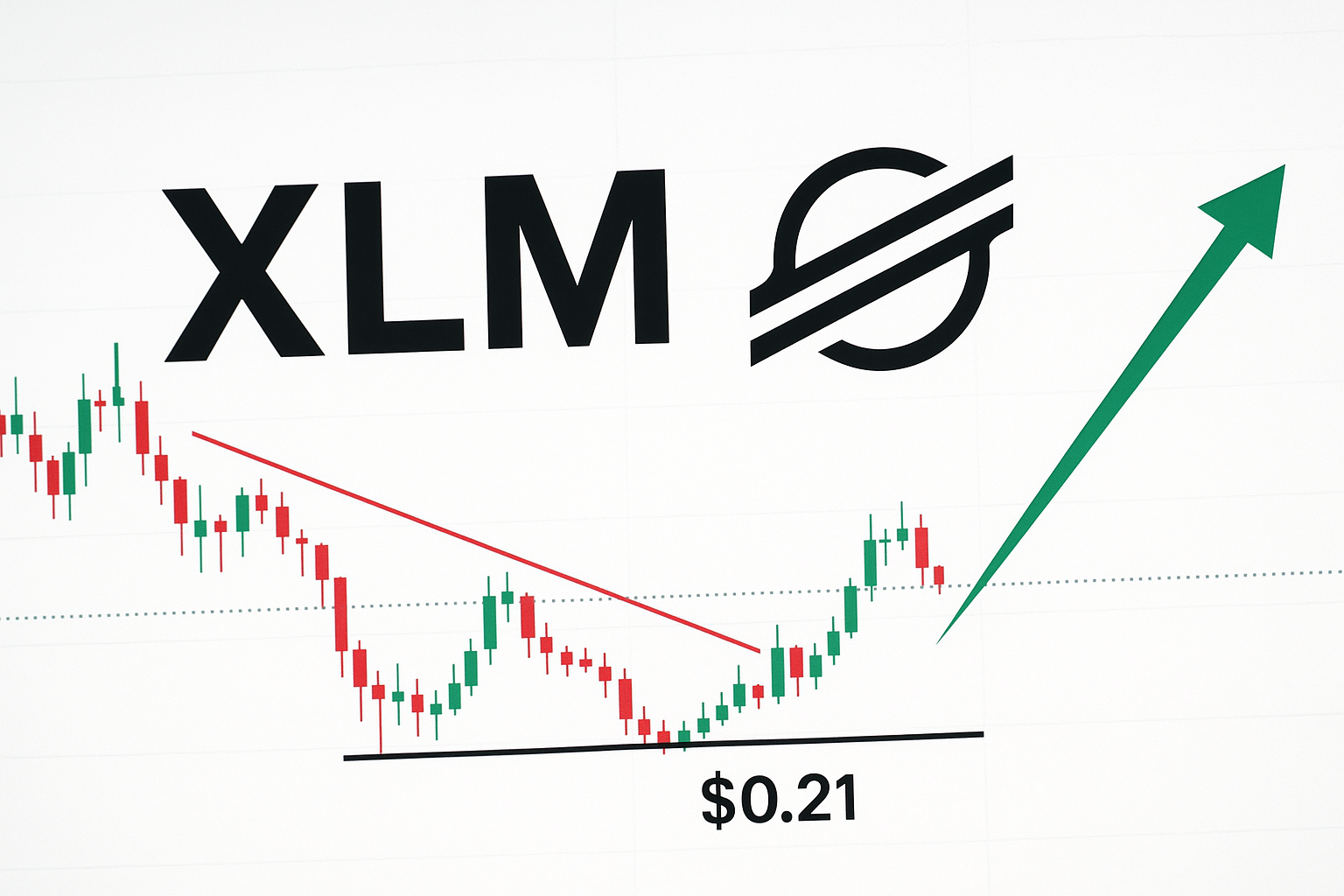 Chart of Stellar’s XLM price with red and green candlesticks breaking a descending red trendline at a horizontal support level marked $0.21, a bold green arrow pointing upward, and the XLM logo above.