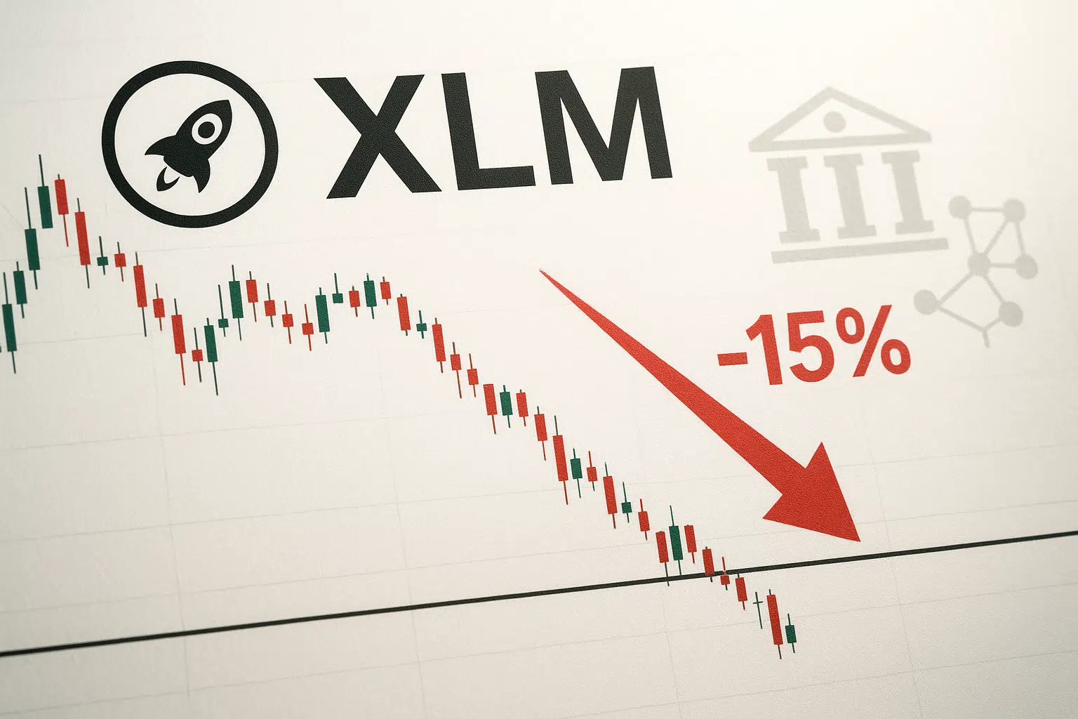 Stellar (XLM) candlestick price chart showing a 15% weekly decline, with a red downward arrow and percentage label marking the token testing a key support level.