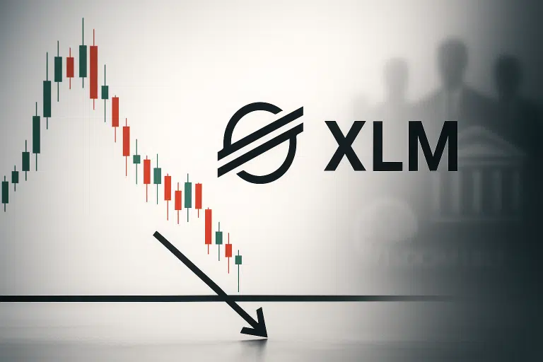 A candlestick chart with red and green bars trending downward toward a horizontal support line crossed by a slanted arrow pointing down, beside the Stellar cryptocurrency logo and “XLM” text, with a blurred institutional building silhouette in the background.