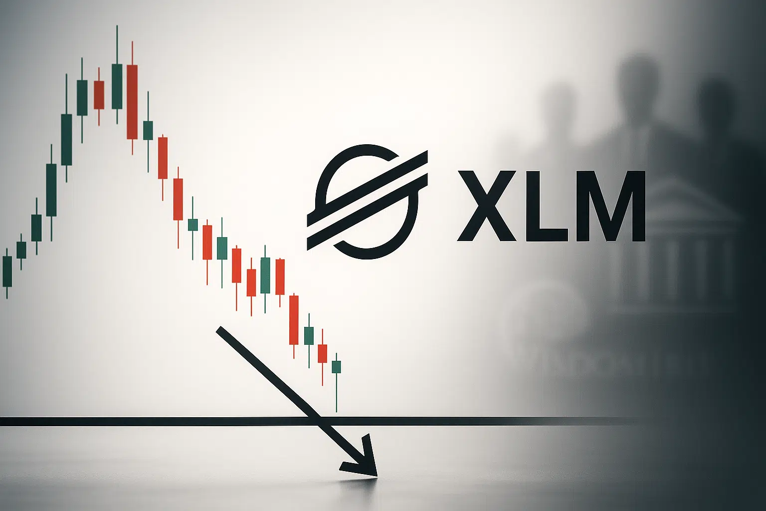 A candlestick chart with red and green bars trending downward toward a horizontal support line crossed by a slanted arrow pointing down, beside the Stellar cryptocurrency logo and “XLM” text, with a blurred institutional building silhouette in the background.